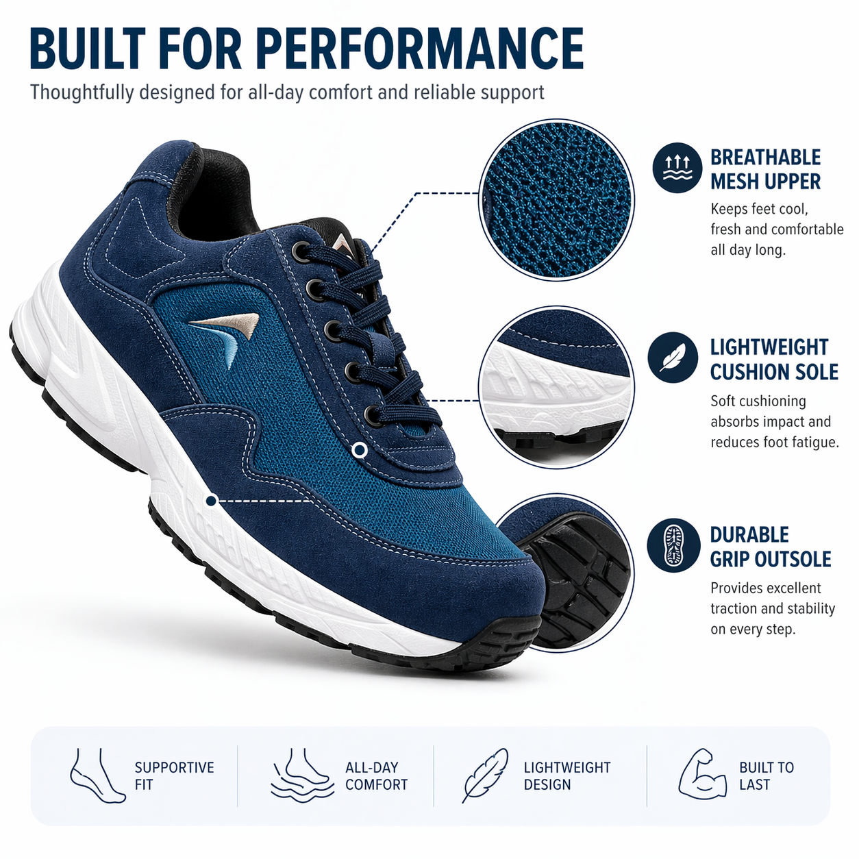 Airstep features: breathable mesh upper, lightweight cushion sole, durable grip outsole