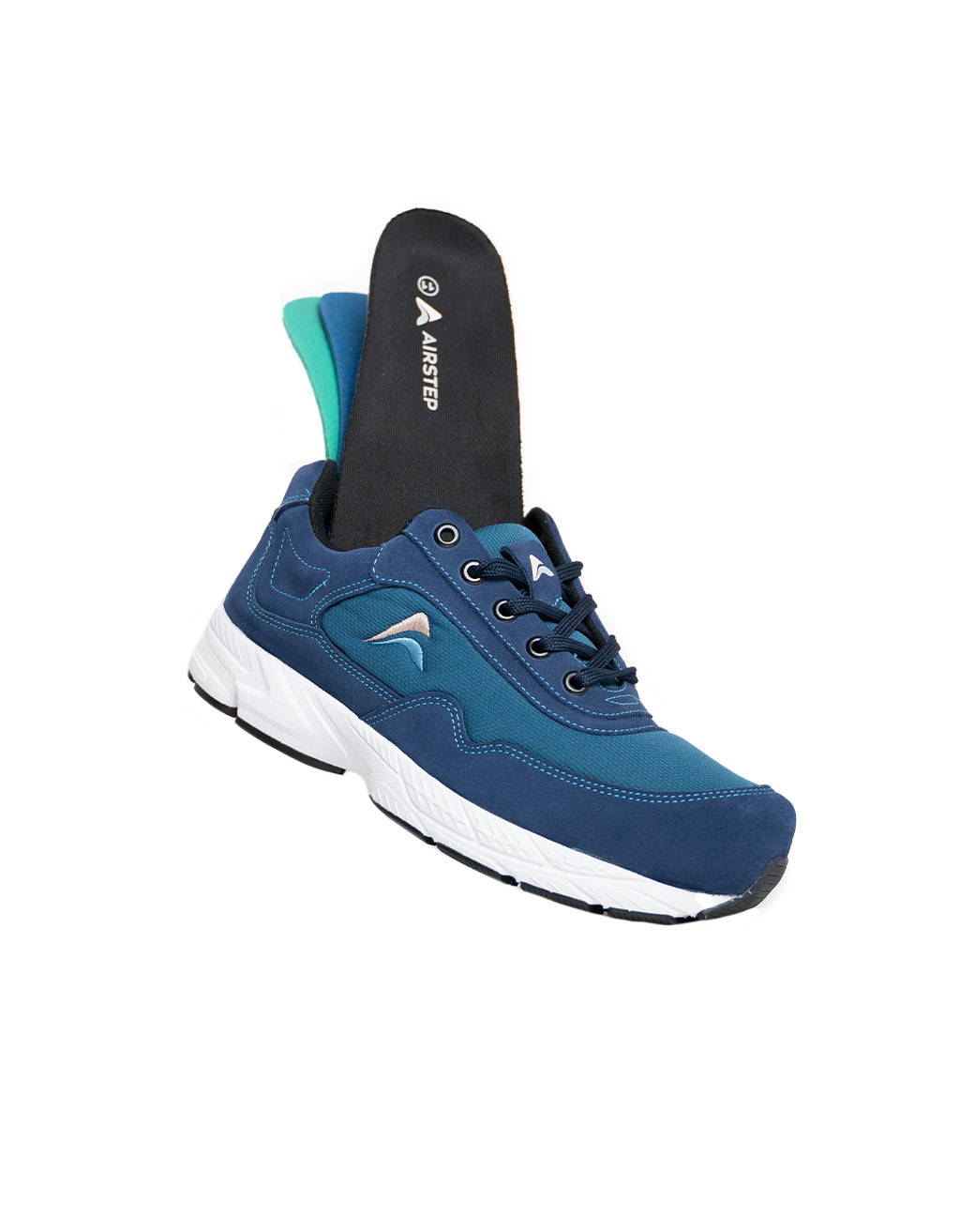 Airstep shoe with its removable triple-layer pressure-offloading insole lifted out